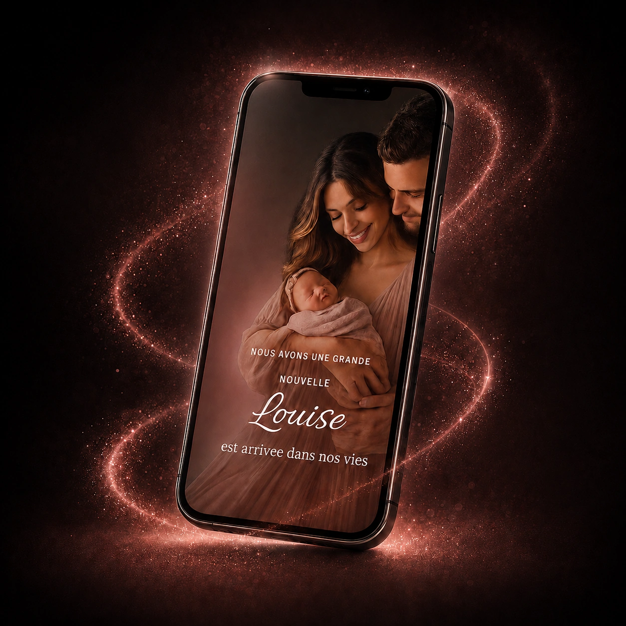 Aperçu d’un faire-part de naissance digital pour Louise, présenté sur un téléphone.